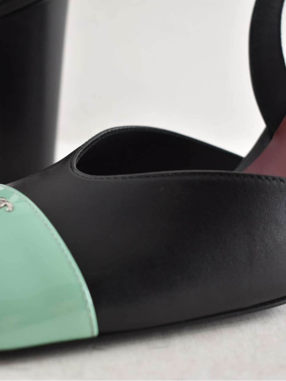 Chanel 26S Blazy Black Mint Green Square CC Sling Slingback Block Heel Pump 37.5 - Picture 13 of 16